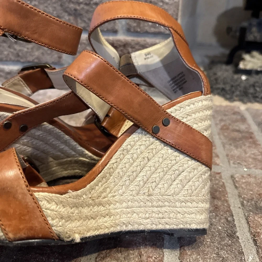 Brian Atwood Wedge Espadrille Leather Sandals‎ Size 9 40EU #286
